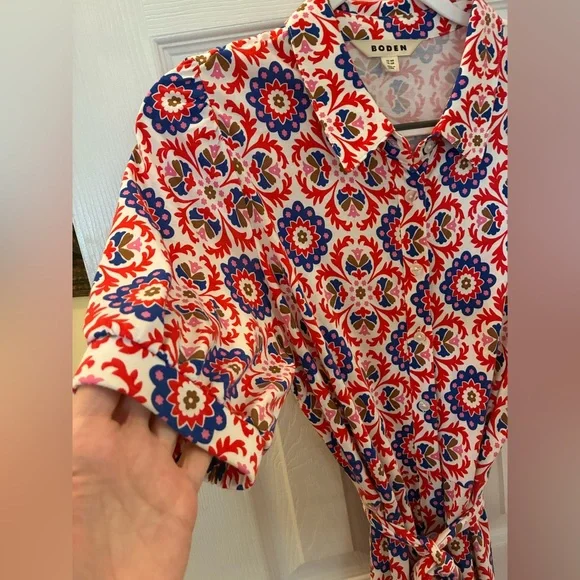 Boden, Libby, Bold Colorful Printed Tie-Waist Midi Dress - Picture 7 of 16